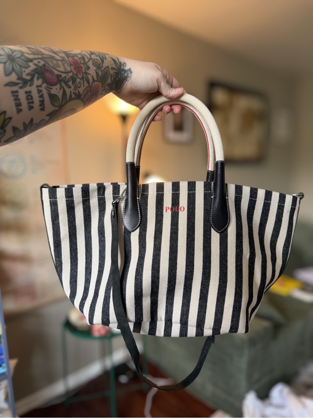 Polo by Ralph Lauren Black & White Striped Canvas Tote with Leather Trim - Picture 5 of 5